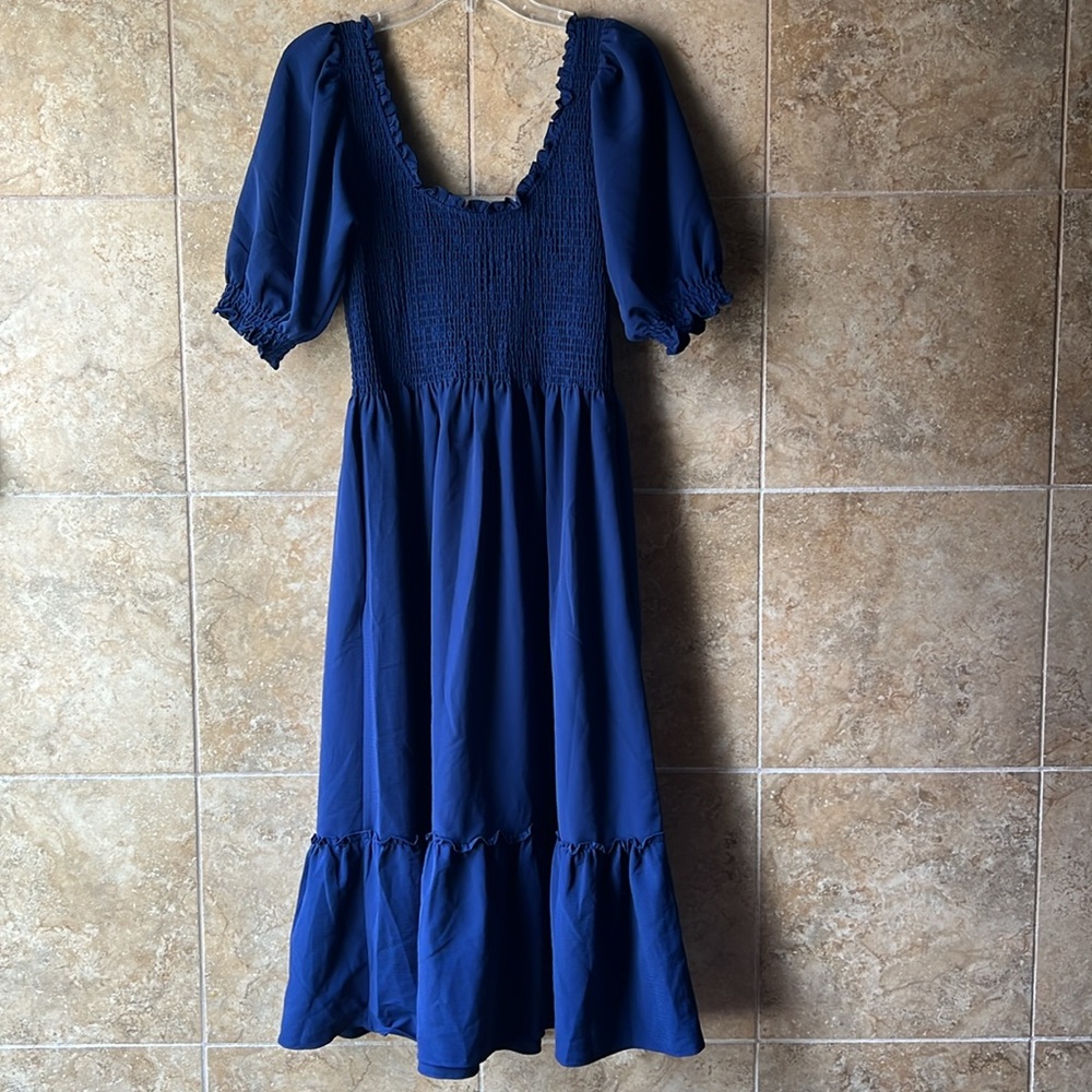 Hill House The Louisa Nap Dress Navy Crepe Blue Smocked Midi Dress Pockets